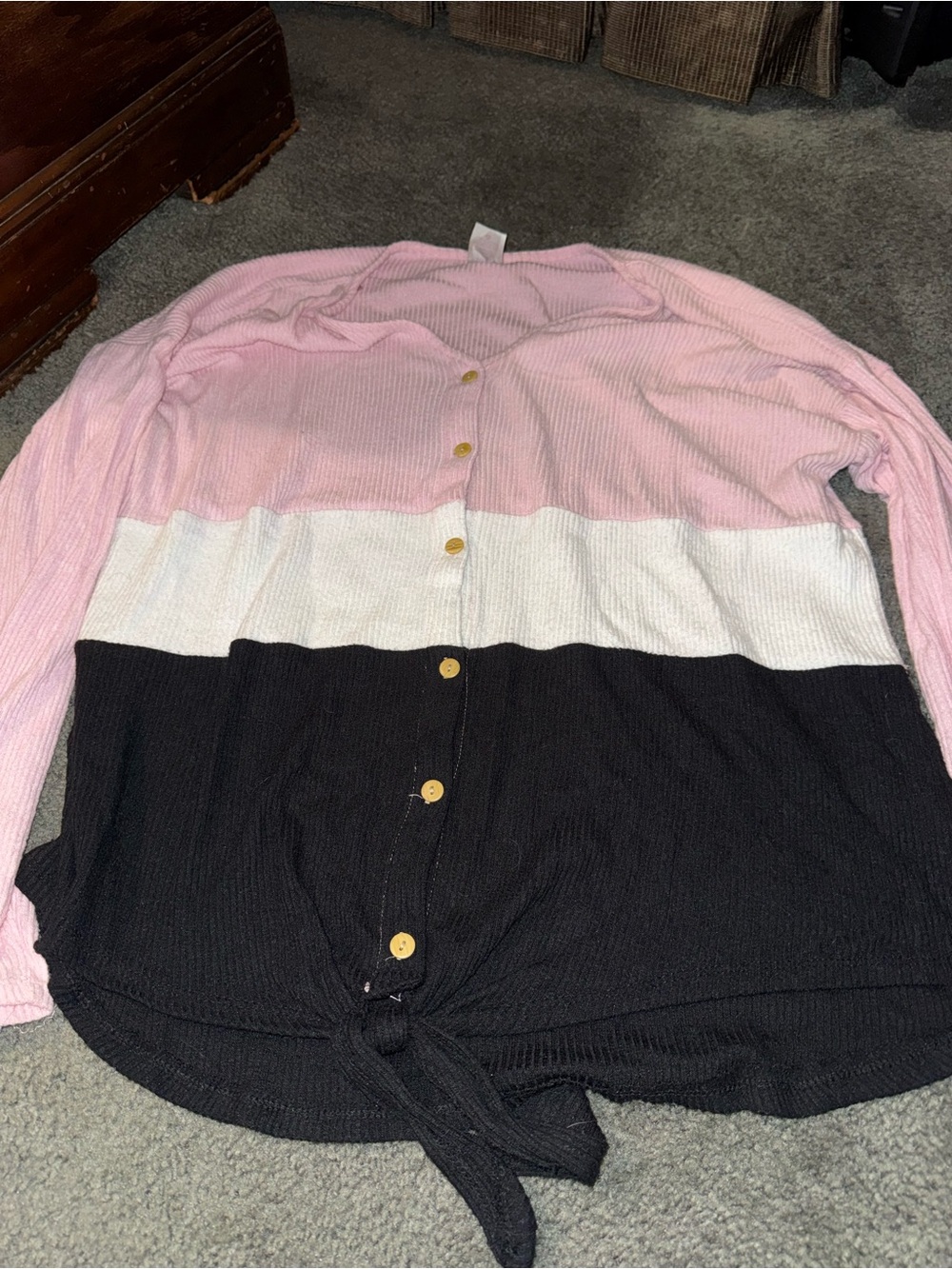 No Boundaries Pink White Black Colorblock Button-Front Tie Hem Top